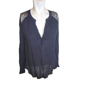 Velvet by Graham & Spencer Lace Inset Top Sheer V Neck Shirt Blouse Black Sz M